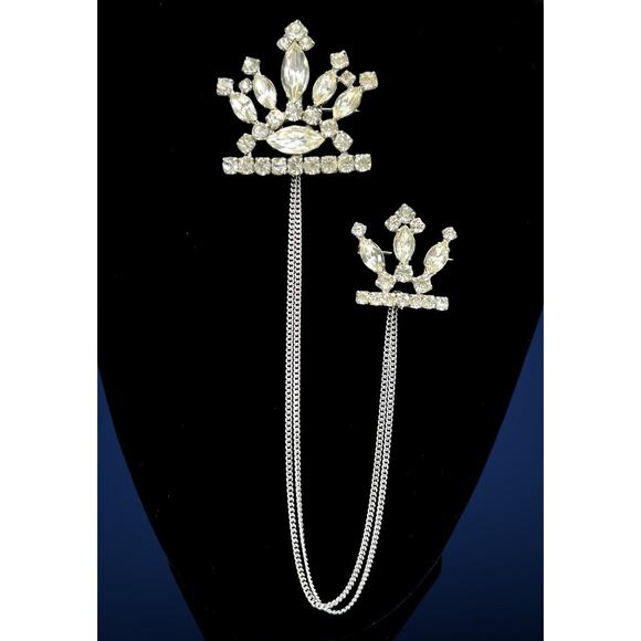 Vintage Sterling Chatelaine Brooch Pin Rhinestone Double Crowns Chains - Picture 1 of 10